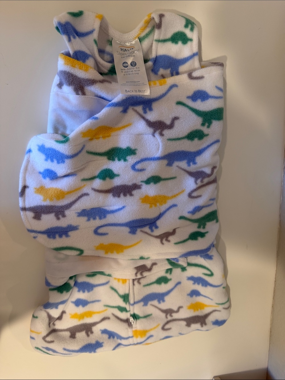 Halo White Fleece Sleep Sack with Blue Green Yellow Brown Dinosaurs